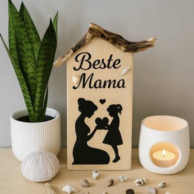 Handgemachte Holz Deko Häuser – Geschenk für Mutter & Tochter zu Weihnachten, Unikat, 31 x 21 x 4 cm