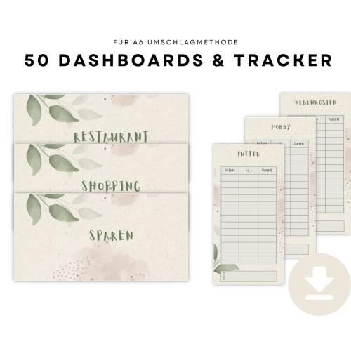 50 Dashboards/Deckblätter inkl. passendem Budget-Tracker für A6 Binder, Umschlagemethode als PDF download