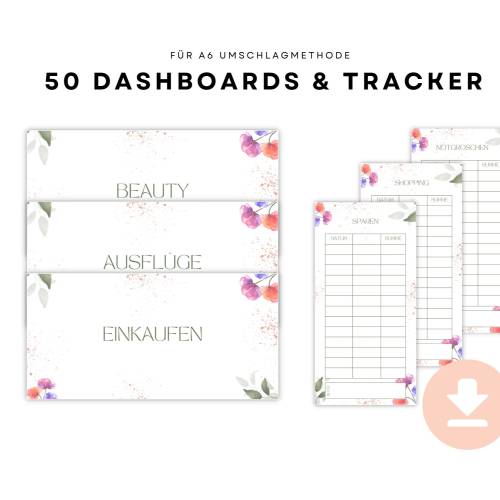 50 Dashboards/Deckblätter inkl. passendem Budget-Tracker für A6 Binder Haushaltsbuch, Umschlagemethode PDF Vorlage