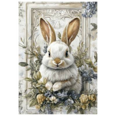 Reispapier - Motiv Strohseide - A4 - Decoupage - Vintage - Shabby - Kaninchen - Hase - Ostern - Landhaus - 200550
