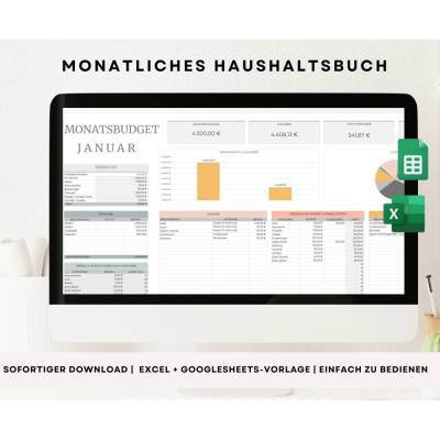 Monatshaushaltsplan Excel Vorlage,  Google-Sheets Tabelle, Ausgaben-Einnahmen Tracker, Excel Budget