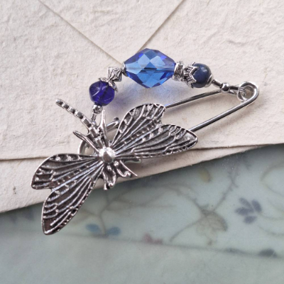 Tuchnadel blaue Libelle im Jugendstil Schalnadel Lapislazuli Brosche Silber N-7-S-10