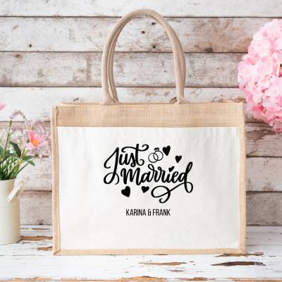 Jutetasche zur Hochzeit – Just Married mit Namen personalisiert & Wunschfarbe, Geschenktasche