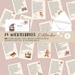 Wichtelbriefe mit 24 Wichtelgeschichten editierbar zum Ausdrucken, Wichtelzubehör Post Set Adventskalender Bild 1