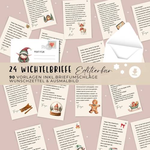 Wichtelbriefe mit 24 Wichtelgeschichten editierbar zum Ausdrucken, Wichtelzubehör Post Set Adventskalender