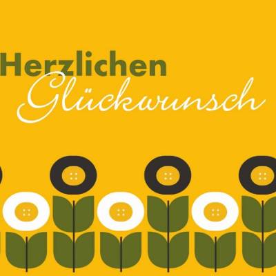Postkarte Herzlichen Glückwunsch, Retro Tull, florales 60er Jahre Design auf Gelb