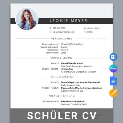 Lebenslauf Schüler für Praktikum, Ausbildung Bewerbungsvorlagen - MS Word, Google Docs, Pages, Canva