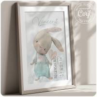 Geburtsposter mit Hase MINT (Druck & editierbar) Geburtsanzeige Geschenk zur Geburt Bild 1