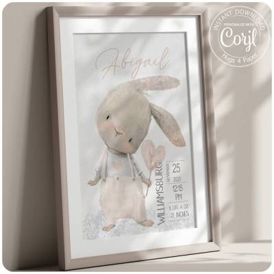 Geburtsposter mit Hase APRICOT (Druck & editierbar) Kinderzimmerbild Geschenk zur Geburt