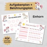 Einhorn Aufgabenplan und Belohnungsplan für Kinder zum Ausdrucken, PDF Mädchen Routineplan Bild 1