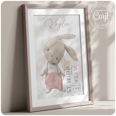 Personalisiertes Poster mit Hase ROSA (Druck & editierbar) Kinderzimmerbild Geschenk zur Geburt