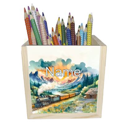 Zug Holz Stiftebox personalisiert z. B. mit Name und Schriftartwahl | 10x10x10cm | Stiftehalter 