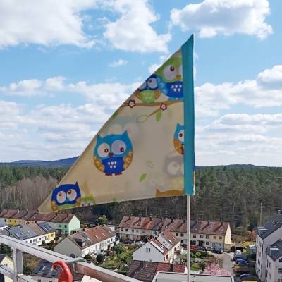 Fahrrad Wimpel Osterausflug mit Eulen, Eulenfahne, Fähnchen für Dreirad, Kinderwagen, Osternest, Ostergarten