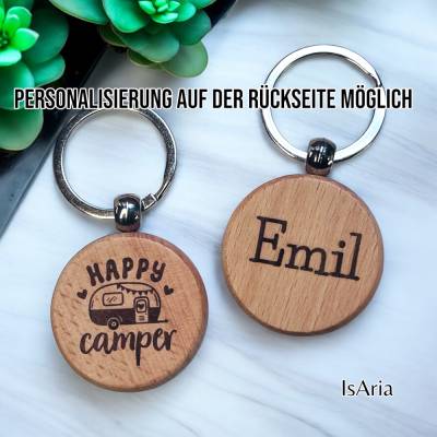 Holz Schlüsselanhänger Happy Camper/ Campingwagen/Wohnwagen/ personalisiert / Lasergravur/Camping