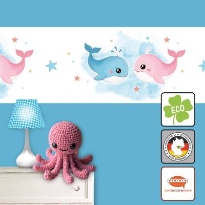 ECO Wandbordüre XXL: Kleine Wale - Watercolor - 23 cm Höhe