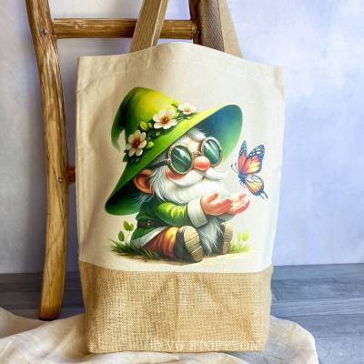 Jute Tasche Einkaufstasche & Shopper | nachhaltige Tragetasche Geschenkidee Alltag | Frühling Wichtel Schmetterling