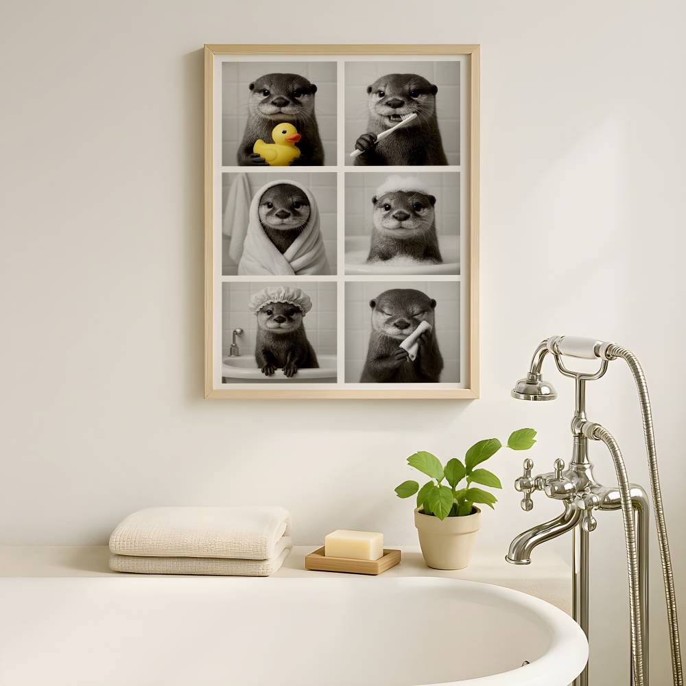 otter badezimmer poster – lustige schwarzweiß-wanddeko mit 6 motiven für  gäste-wc & bad