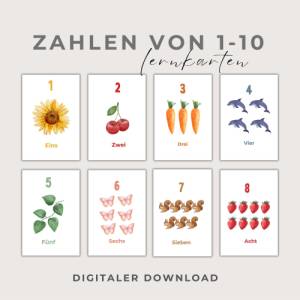 Zahlen Karten von 1-10,  Zahlen lernen, Interesse an Zahlen wecken, PDF Download zum Ausdrucken, Montessori inspiriert Bild 1