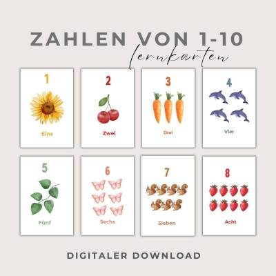 Zahlen Karten von 1-10,  Zahlen lernen, Interesse an Zahlen wecken, PDF Download zum Ausdrucken, Montessori inspiriert