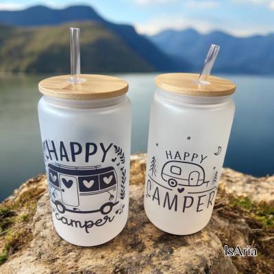 Happy Camper Trinkglas mit Deckel & Strohhalm / Kaffee to Go/ Personalisiert