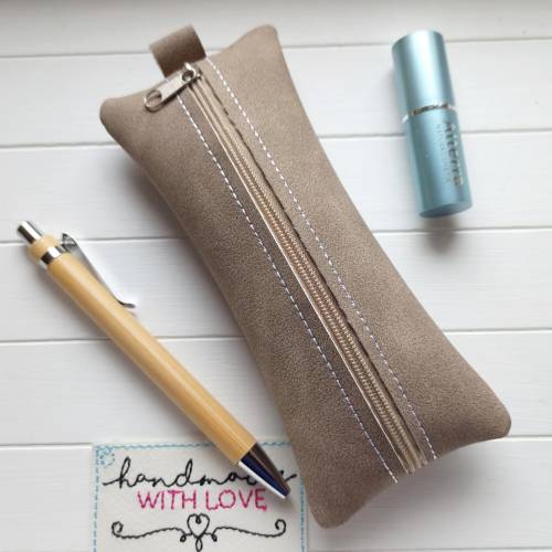 Kleine Stifte Tasche Wildleder Imitat, braunes Etui, Federmäppchen Schminktäschchen