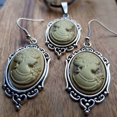 gold braun Kamee Schmuckset silber schwarzer Kette Anhänger und Ohrringe Gemme antik oval