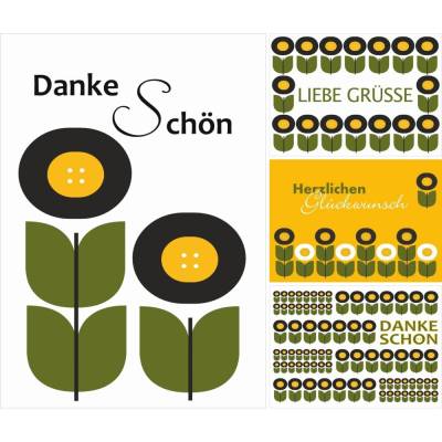 Postkarten-Set Retro Tull, 10 Postkarten mit stilisierten Retroblumen im 60er Jahre Design