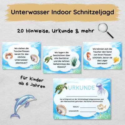 Unterwasser Indoor Schnitzeljagd mit 20 Hinweisen für Zuhause, Urkunde, Geschichte & mehr, Schatzsuche für Kinder ab 6