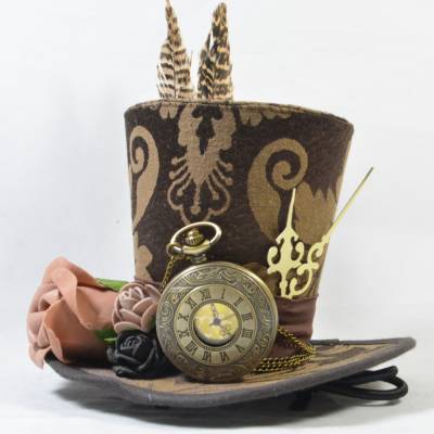 Mini-Hütchen - Steampunk Fascinator Taschenuhr Zeiger Rosen Brokat