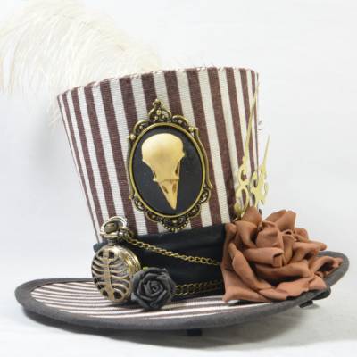 Mini-Hütchen - Steampunk Fascinator Vogelschädel-Kamee Zeiger Taschenuhr Streifen