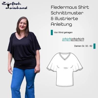 Schnittmuster Damen Fledermaus Shirt Größe 32 - 62 mit V-Ausschnitt, weiten Ärmeln