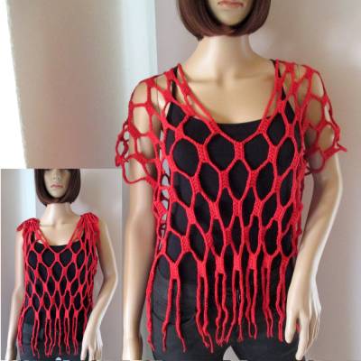Auffälliges Oberteil, Netztop, Häkeltop, Top, Shirt, Netzhemd in Rot