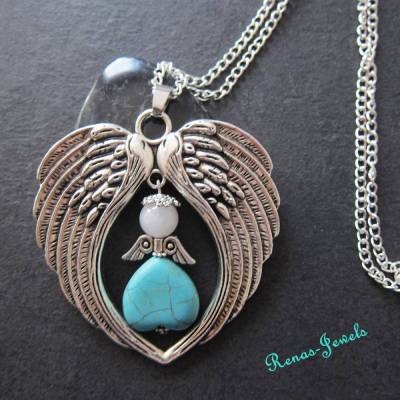 Edelsteinkette lang mit Schutzengel Anhänger – Türkis Herz, Jade Perle & Engelflügel – Flügelkette als Schutzengelkette