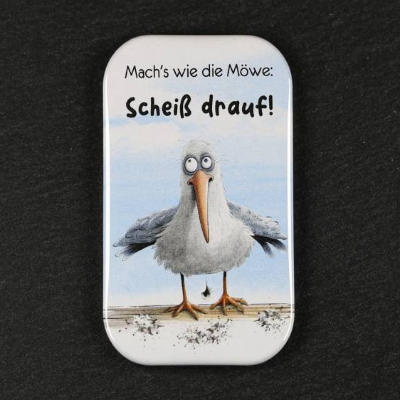 Rechteckiger Button / Magnet mit Spruch: Mach's wie die Möwe: Scheiß drauf! ~ 44x68mm
