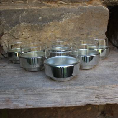 6er Set Würzfleischschalen / Ragout Fin Schalen / Aluminium Chromfarben Jenaer Glas / 60er 70er Jahre DDR