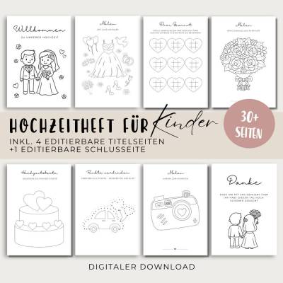 Hochzeit Malbuch für Kinder, Beschäftigung Malbuch Gastgeschenk, PDF digitaler Download, editierbare Titelseite