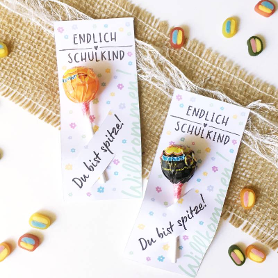 Druckvorlage Karte Endlich Schulkind - tschüss Kindergarten - Einschulung - 1. Klasse - Lolly - du bist spitze - drucken