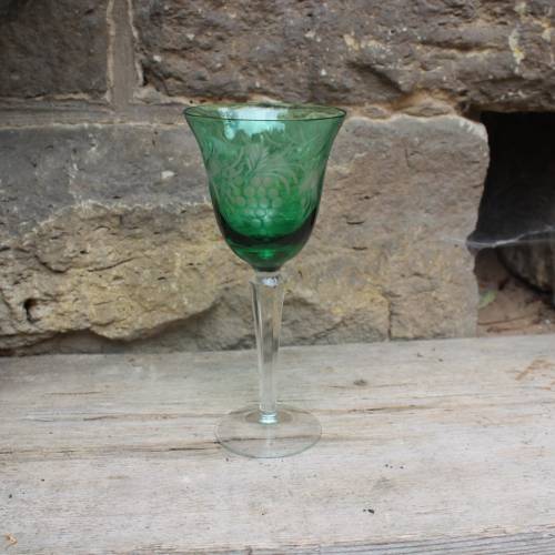 Weinglas Weinrömer 24% Bleikristall Grün Weintrauben Dekor geschliffen Vintage 50er 60er Jahre Lausitz Glas