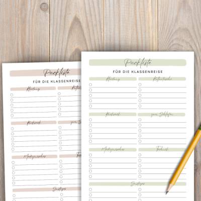 Packliste Klassenreise zum Ausdrucken (PDF) - 6-seitige Vorlage in 2 Farben, mit & ohne Kategorien