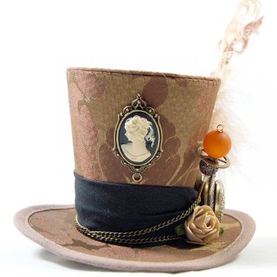 Mini-Hütchen - Steampunk Fascinator Kamee Taschenuhr Brokat