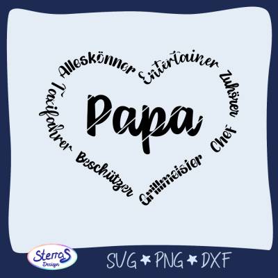 Plotter- und Laserdatei PAPA – Herz-Wortwolke mit Begriffen rund um Papa, ideal zum Vatertag