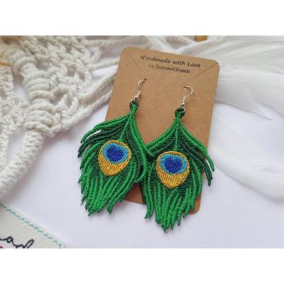Ohrringe Pfauenfeder grün gestickt – filigrane Spitzen Lace Statement Ohrschmuck