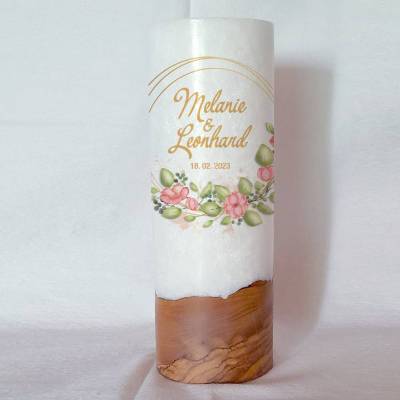 Hochzeitskerze Design Blumenkranz - Holzkerze