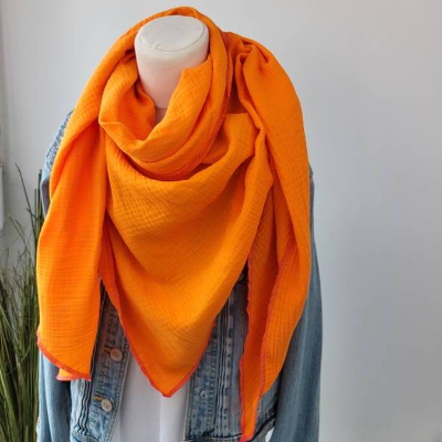 Musselintuch in Neon Orange, Orange mit pinker Naht, Dreieckstuch, Musselinschal, leichtes Sommertuch,