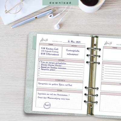 Digitaler Tagesplaner A5 zum Ausdrucken - PDF in 3 sanften Farben für mehr Struktur im Mama-Alltag