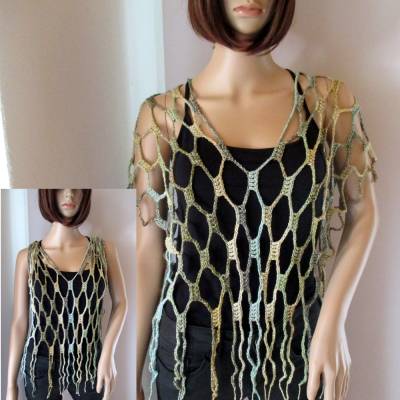 Auffälliges Oberteil, Netztop, Häkeltop, Top, Shirt, Netzhemd in Grün- und Beigetönen, Baumwolle mit Leinen und Viskose
