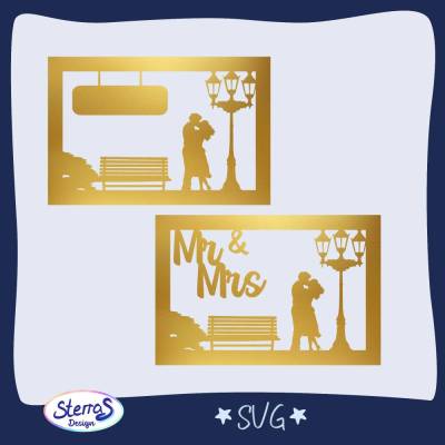 Plotterdatei Hochzeitskarte Liebespaar • SVG DXF • Mr & Mrs oder personalisierbar • Bank Lampe Romantik Karte