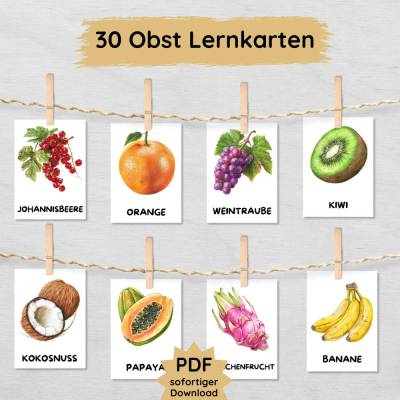 30 Obst Lernkarten für Kinder zum Ausdrucken, Früchte Bildkarten Obstsorten lernen