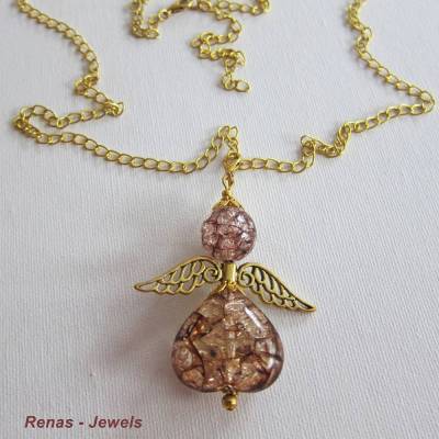 Lange Kette braun goldfarben mit Schutzengel Anhänger Herz & Engelflügel