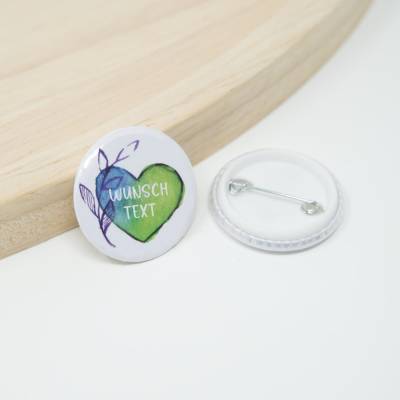 Button mit Wunschtext, blau grünes Herz | Runder Button Pin Name | JGA | Hochzeit | Geschenkidee
